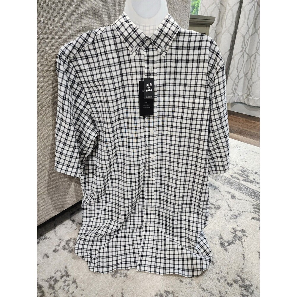 Haggar LT Shirt Black White Plaid Linen Blend Button Down Short Sleeve